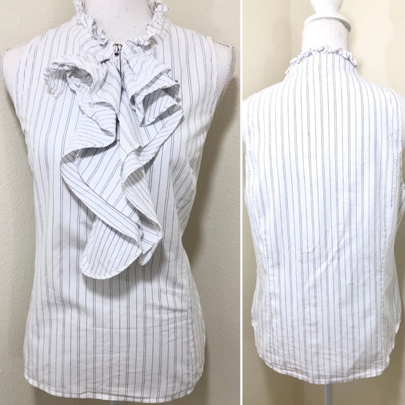 Michael Kors Tops - UEC Michael Kors Ruffle Navy Pin-Striped Blouse